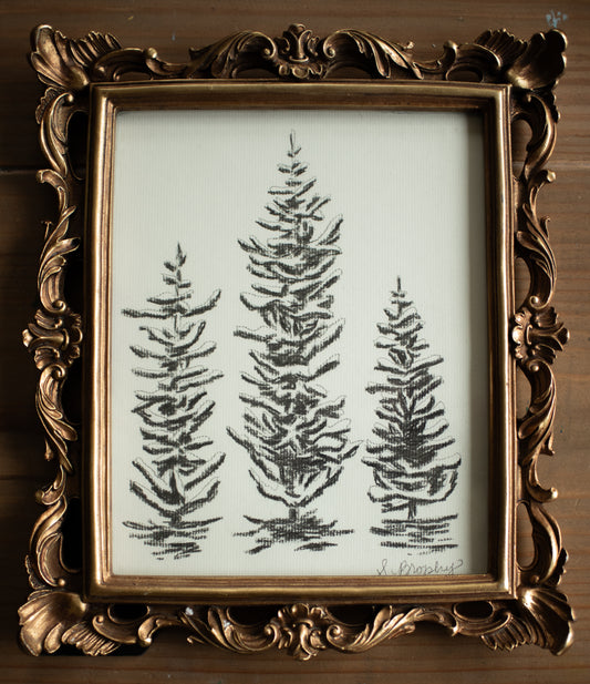 A Snowy Trio of Trees in Charcoal